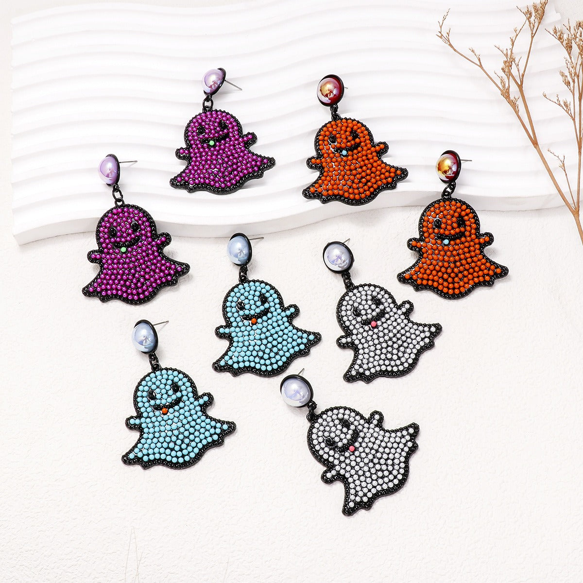 Cartoon funny and cute little ghost pearl ghost face earrings Halloween ghost earrings