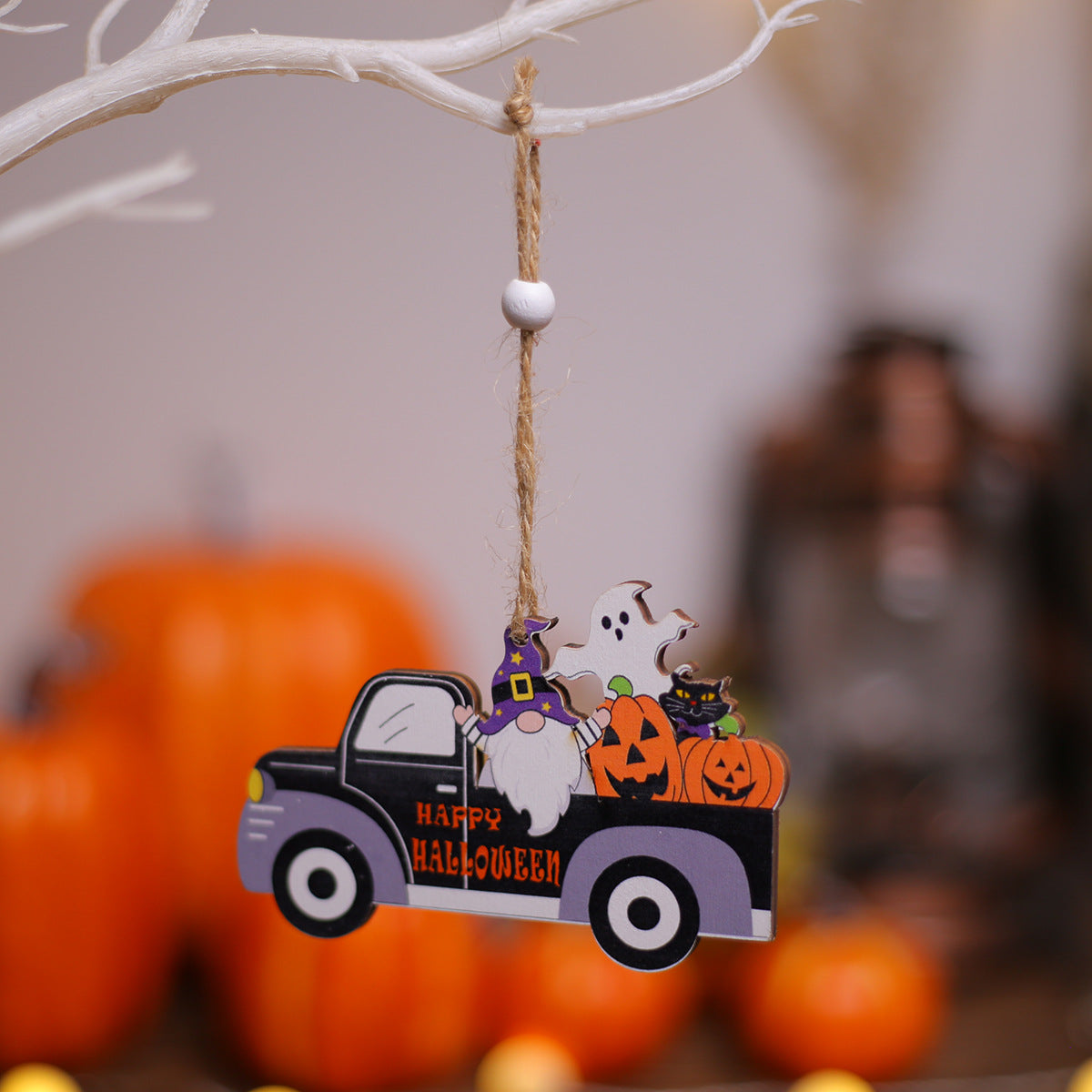 Halloween Creative Wooden Car Decoration Pendant Cartoon Desktop Small Ornament Scene Decoration Prop