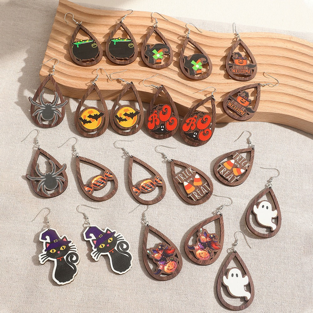 Halloween Wooden Kitten Ghost Pumpkin Bat Earrings Fun Funny Cartoon Pumpkin Earrings