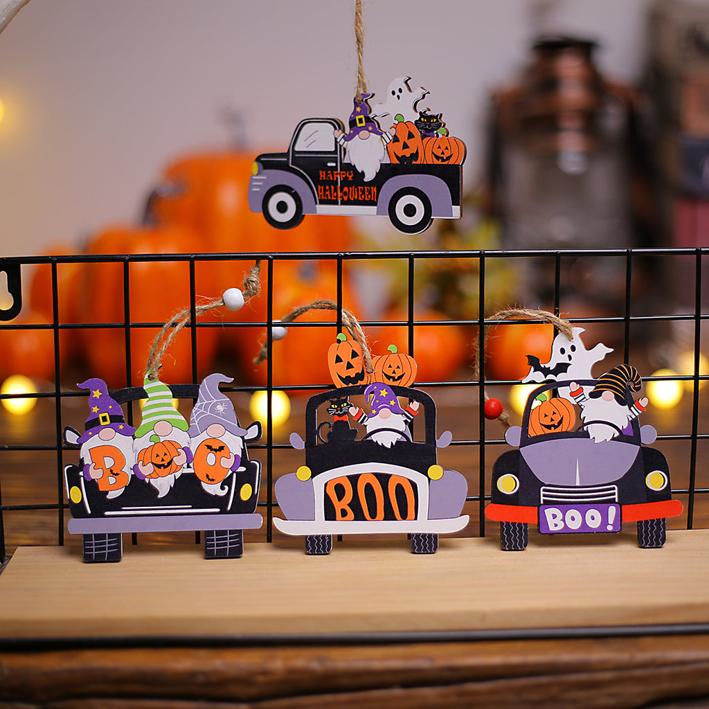Halloween Creative Wooden Car Decoration Pendant Cartoon Desktop Small Ornament Scene Decoration Prop
