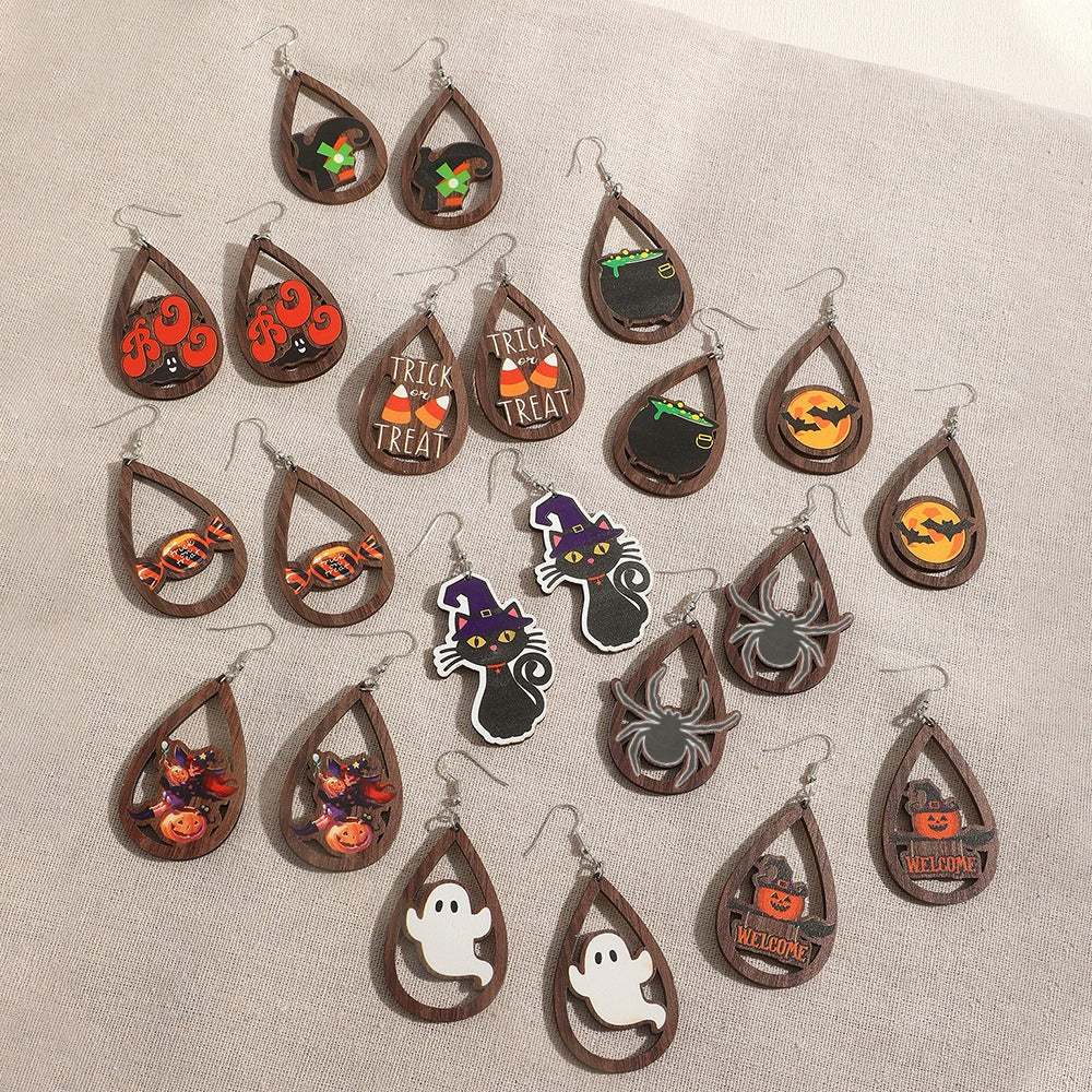 Halloween Wooden Kitten Ghost Pumpkin Bat Earrings Fun Funny Cartoon Pumpkin Earrings