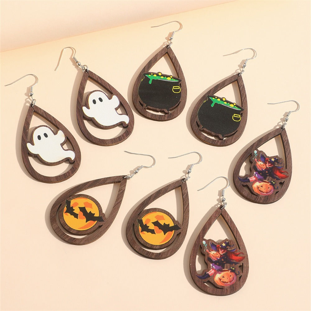 Halloween Wooden Kitten Ghost Pumpkin Bat Earrings Fun Funny Cartoon Pumpkin Earrings
