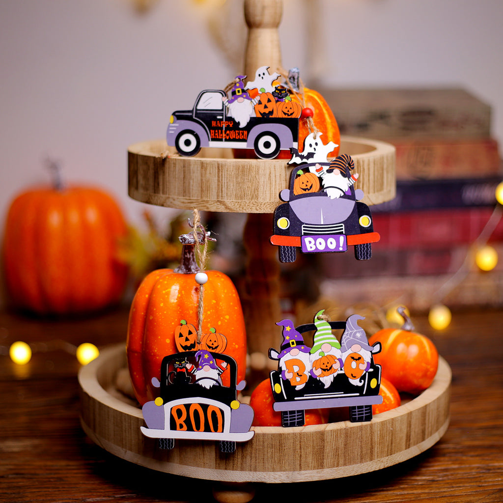 Halloween Creative Wooden Car Decoration Pendant Cartoon Desktop Small Ornament Scene Decoration Prop
