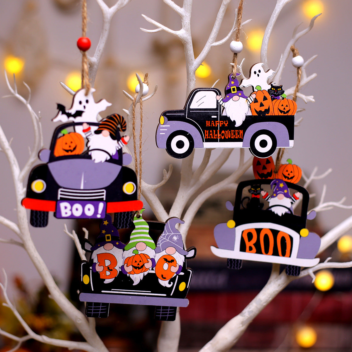 Halloween Creative Wooden Car Decoration Pendant Cartoon Desktop Small Ornament Scene Decoration Prop